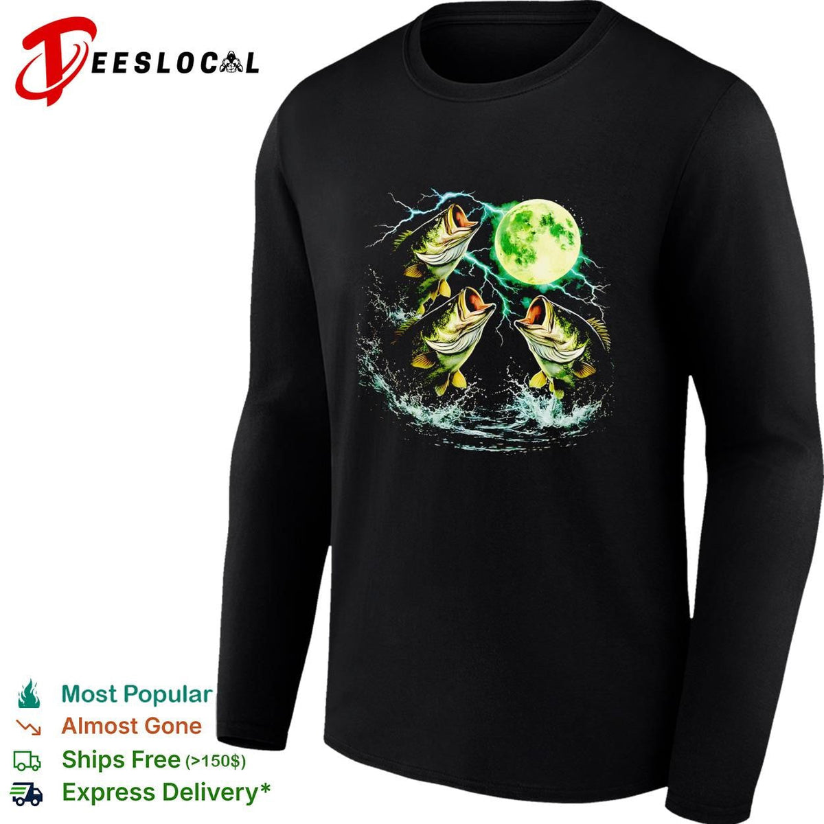 Bass jumping moonlit night full moon wildlife nature graphic shirt Unisex