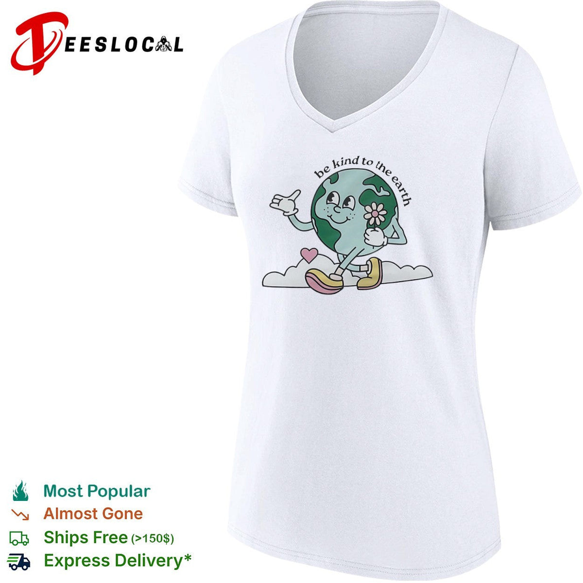 Be kind to the earth cartoon planet globe with flower heart and shoes shirt Unisex