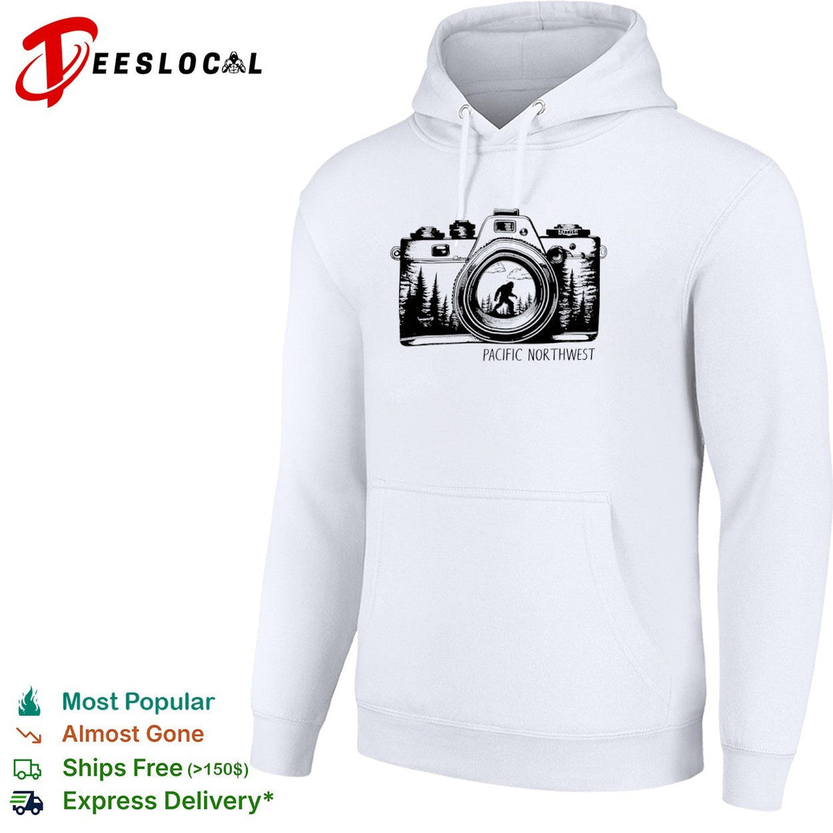 Bigfoot Pacific Northwest camera lens nature forest wilderness adventure shirt Unisex