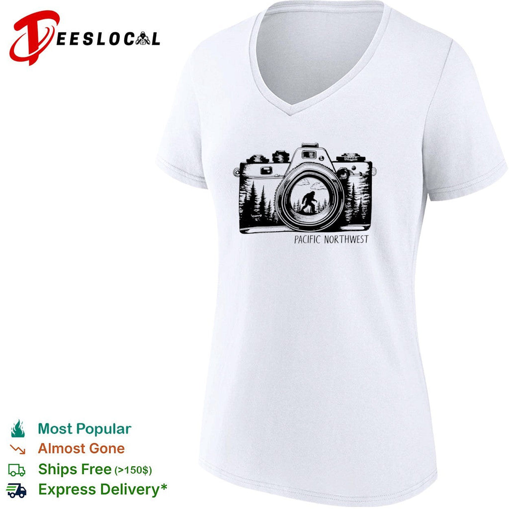 Bigfoot Pacific Northwest camera lens nature forest wilderness adventure shirt Unisex