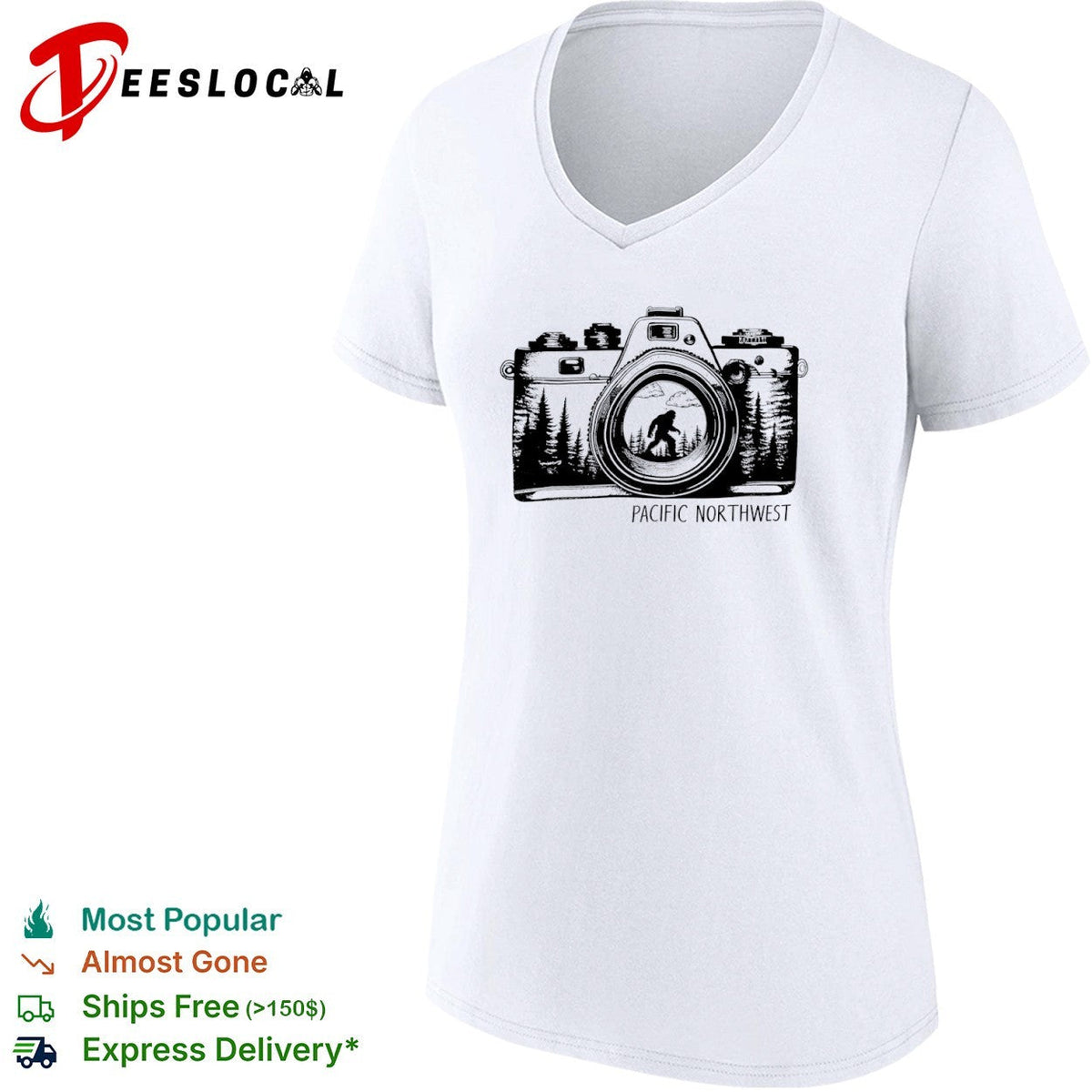Bigfoot Pacific Northwest camera lens nature forest wilderness adventure shirt Unisex