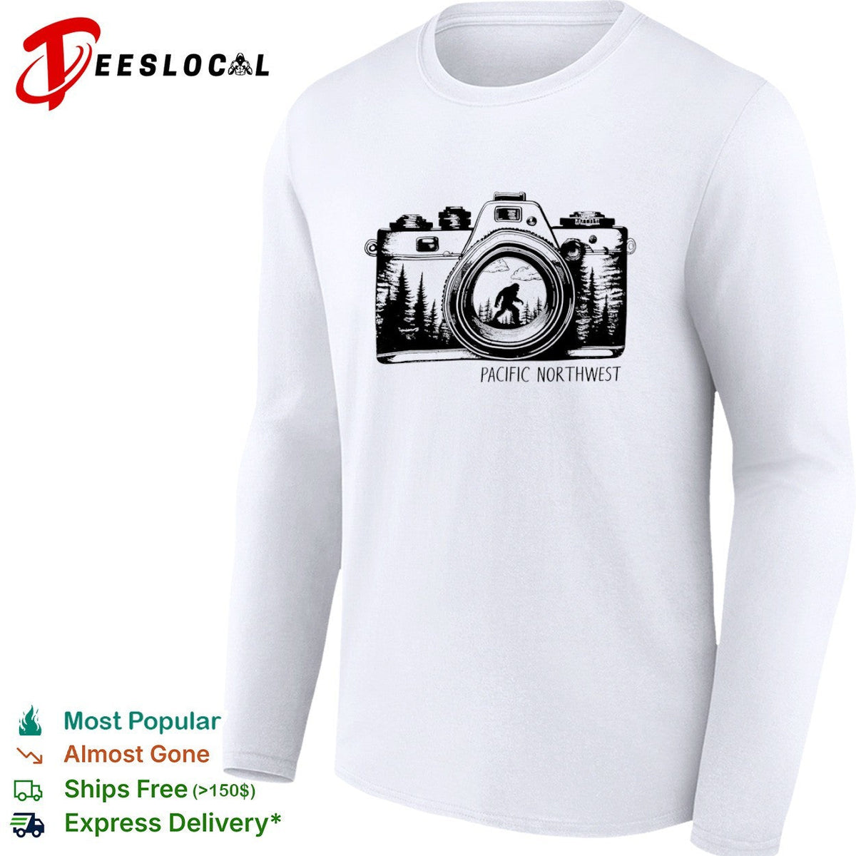 Bigfoot Pacific Northwest camera lens nature forest wilderness adventure shirt Unisex