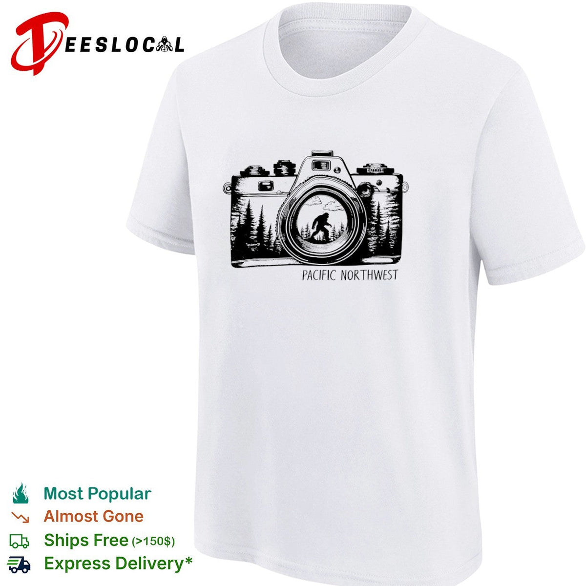 Bigfoot Pacific Northwest camera lens nature forest wilderness adventure shirt Unisex