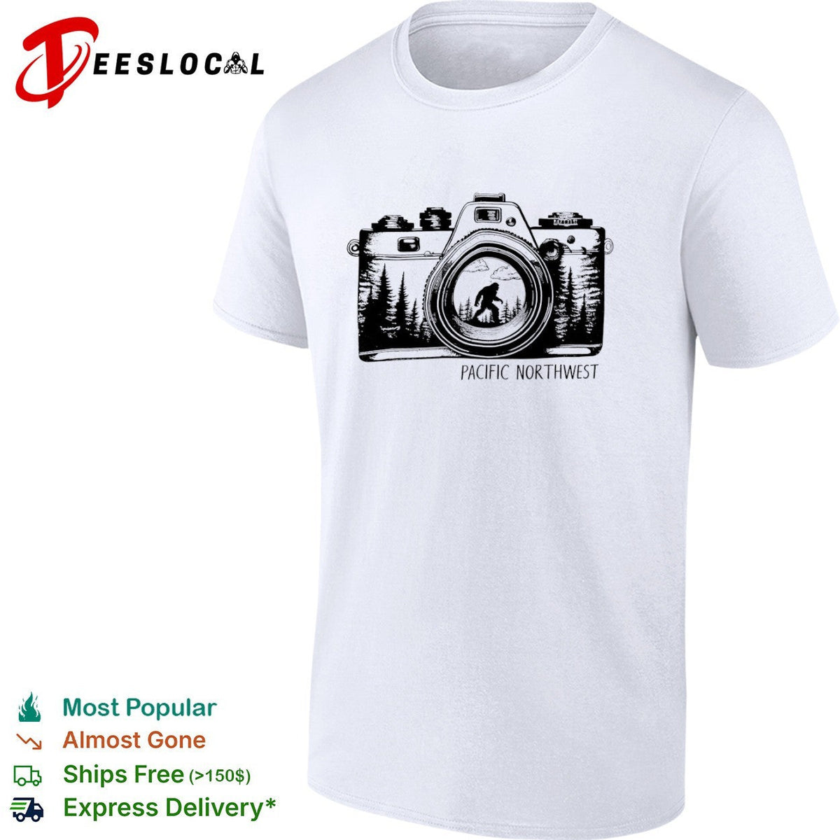 Bigfoot Pacific Northwest camera lens nature forest wilderness adventure shirt Unisex