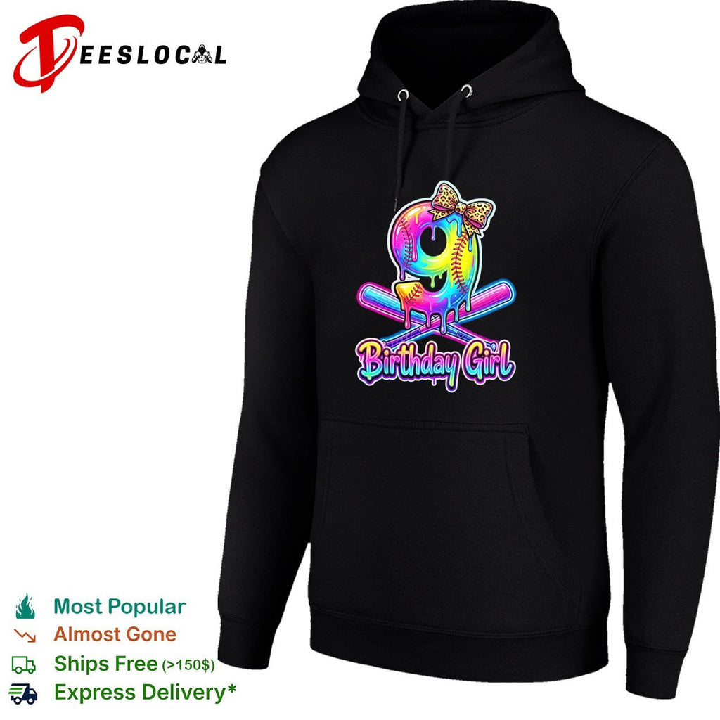 Birthday girl 9th birthday softball dripping neon leopard print bow celebration shirt Unisex
