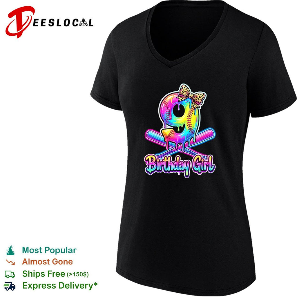 Birthday girl 9th birthday softball dripping neon leopard print bow celebration shirt Unisex