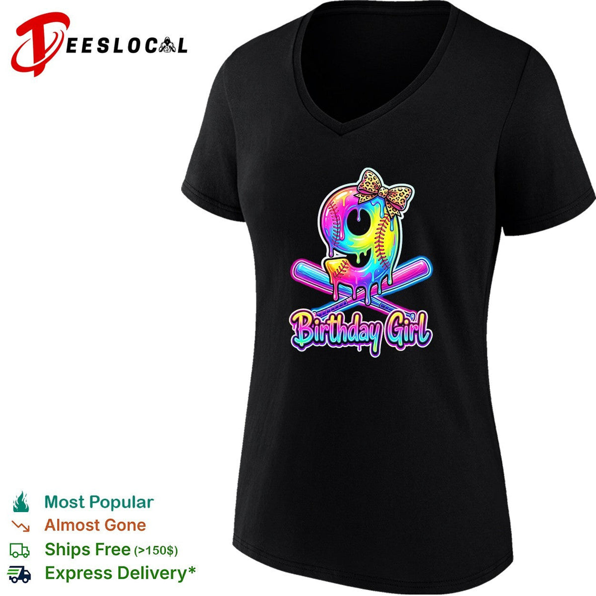Birthday girl 9th birthday softball dripping neon leopard print bow celebration shirt Unisex