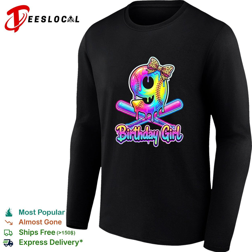 Birthday girl 9th birthday softball dripping neon leopard print bow celebration shirt Unisex