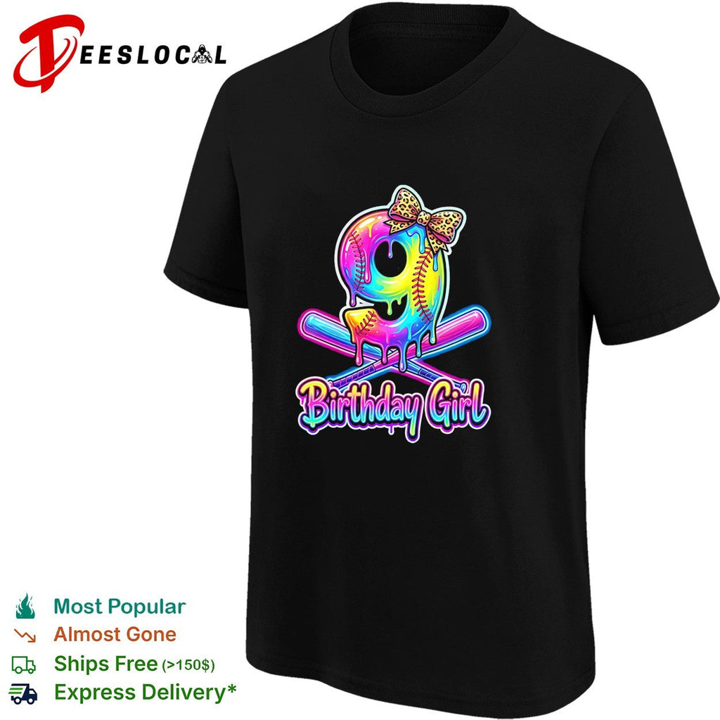 Birthday girl 9th birthday softball dripping neon leopard print bow celebration shirt Unisex