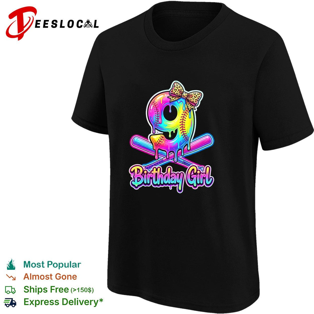 Birthday girl 9th birthday softball dripping neon leopard print bow celebration shirt Unisex