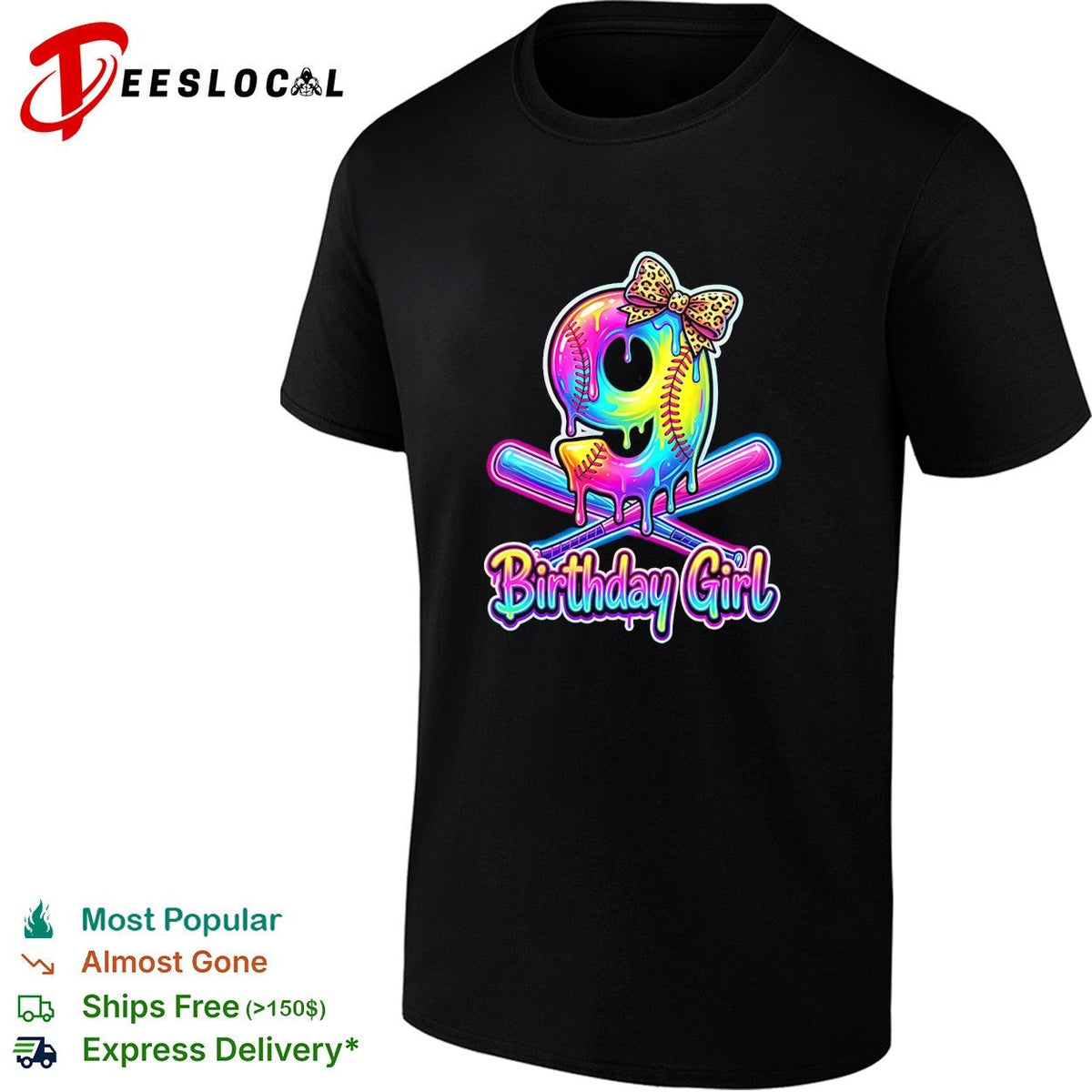 Birthday girl 9th birthday softball dripping neon leopard print bow celebration shirt Unisex
