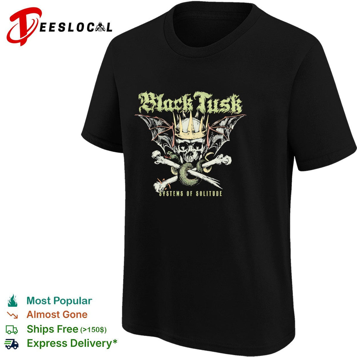 Black Tusk Systems of Solitude Crowned Skull Snake Wings Band Heavy Metal shirt Unisex