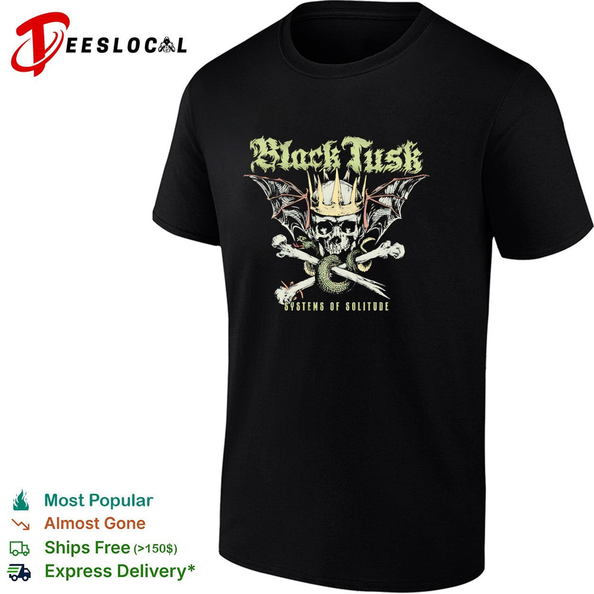 Black Tusk Systems of Solitude Crowned Skull Snake Wings Band Heavy Metal shirt Unisex