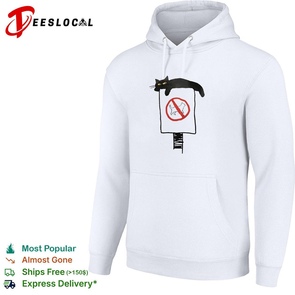 Black cat lounging on no cats allowed sign humor shirt Unisex