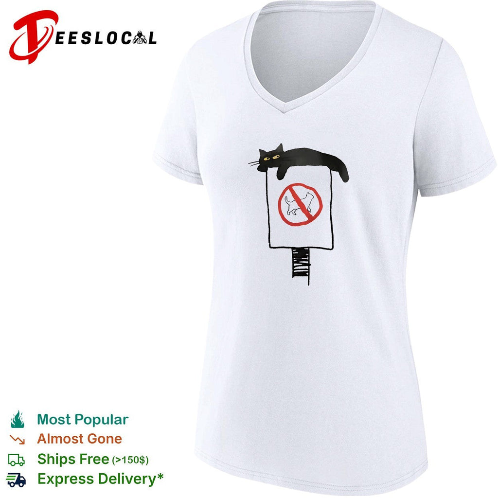 Black cat lounging on no cats allowed sign humor shirt Unisex