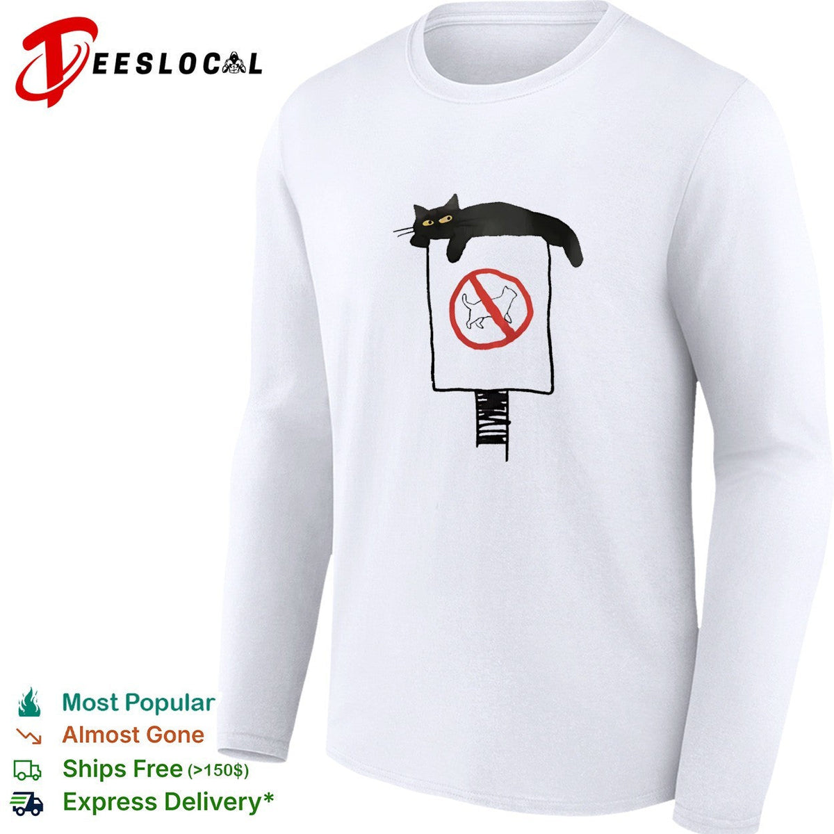 Black cat lounging on no cats allowed sign humor shirt Unisex