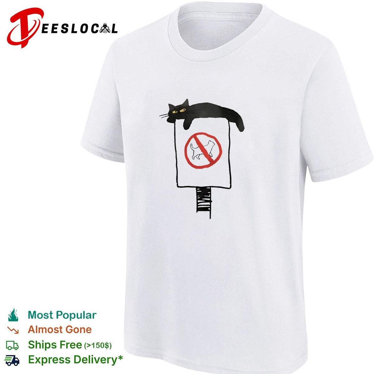 Black cat lounging on no cats allowed sign humor shirt Unisex