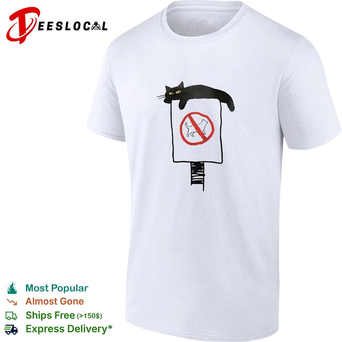 Black cat lounging on no cats allowed sign humor shirt Unisex