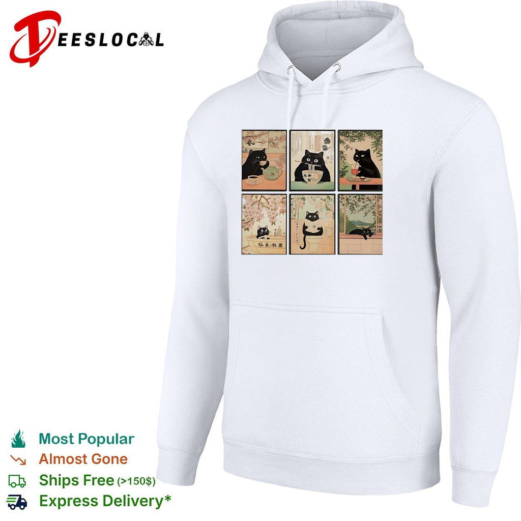 Black cats Japanese ukiyo-e art style six panel collage shirt Unisex