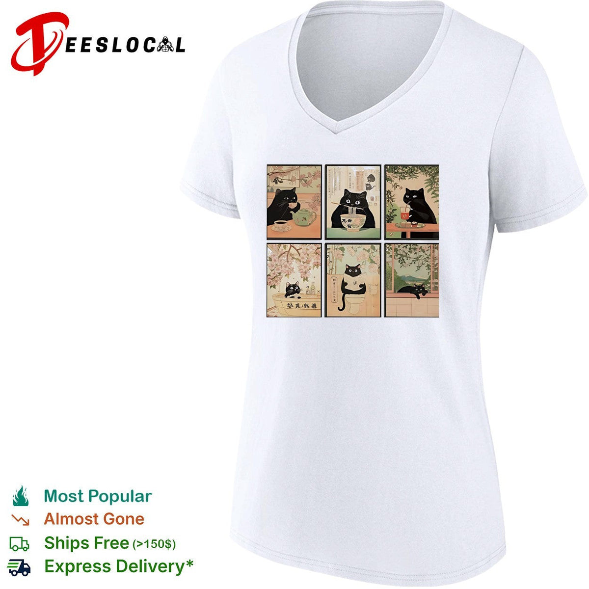 Black cats Japanese ukiyo-e art style six panel collage shirt Unisex