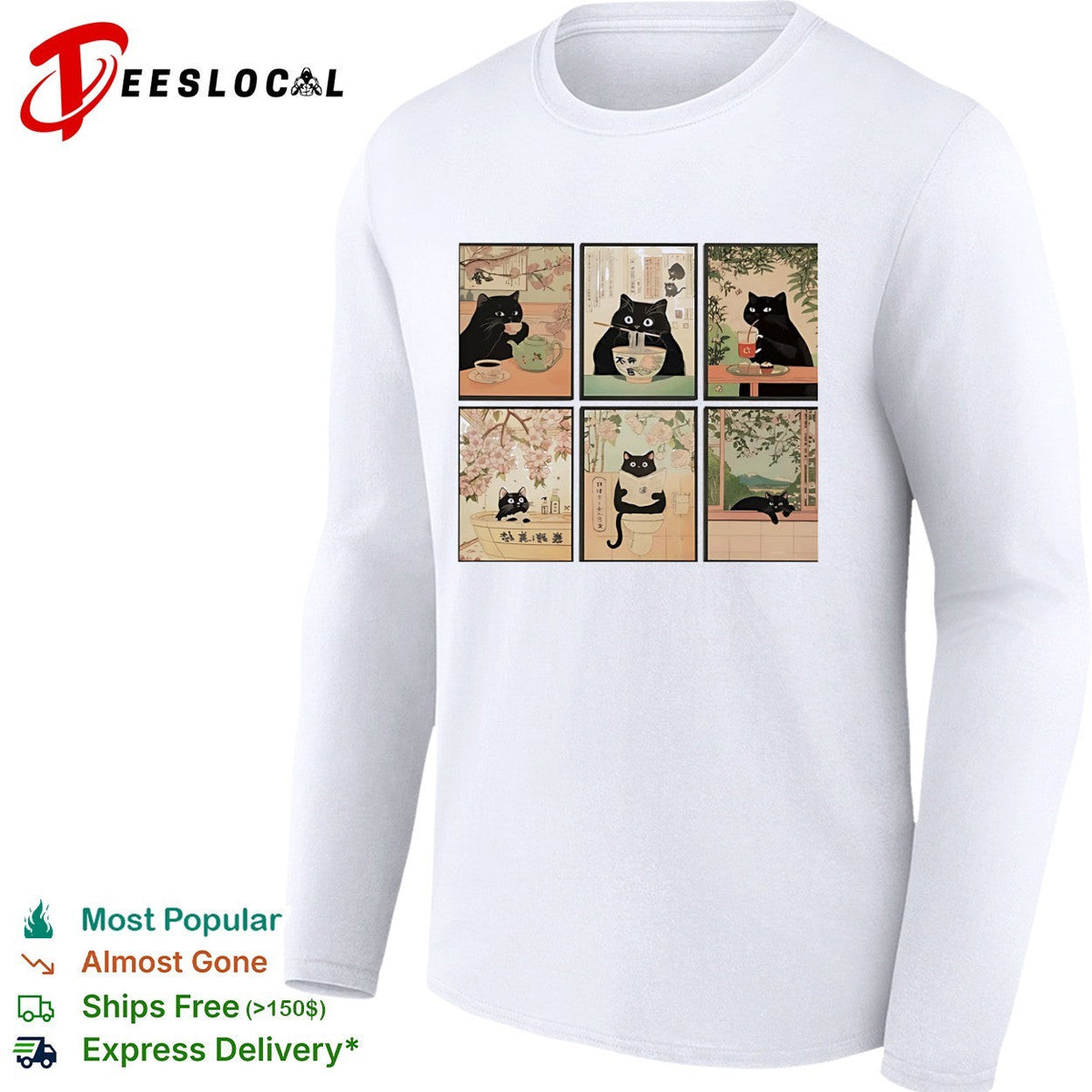 Black cats Japanese ukiyo-e art style six panel collage shirt Unisex