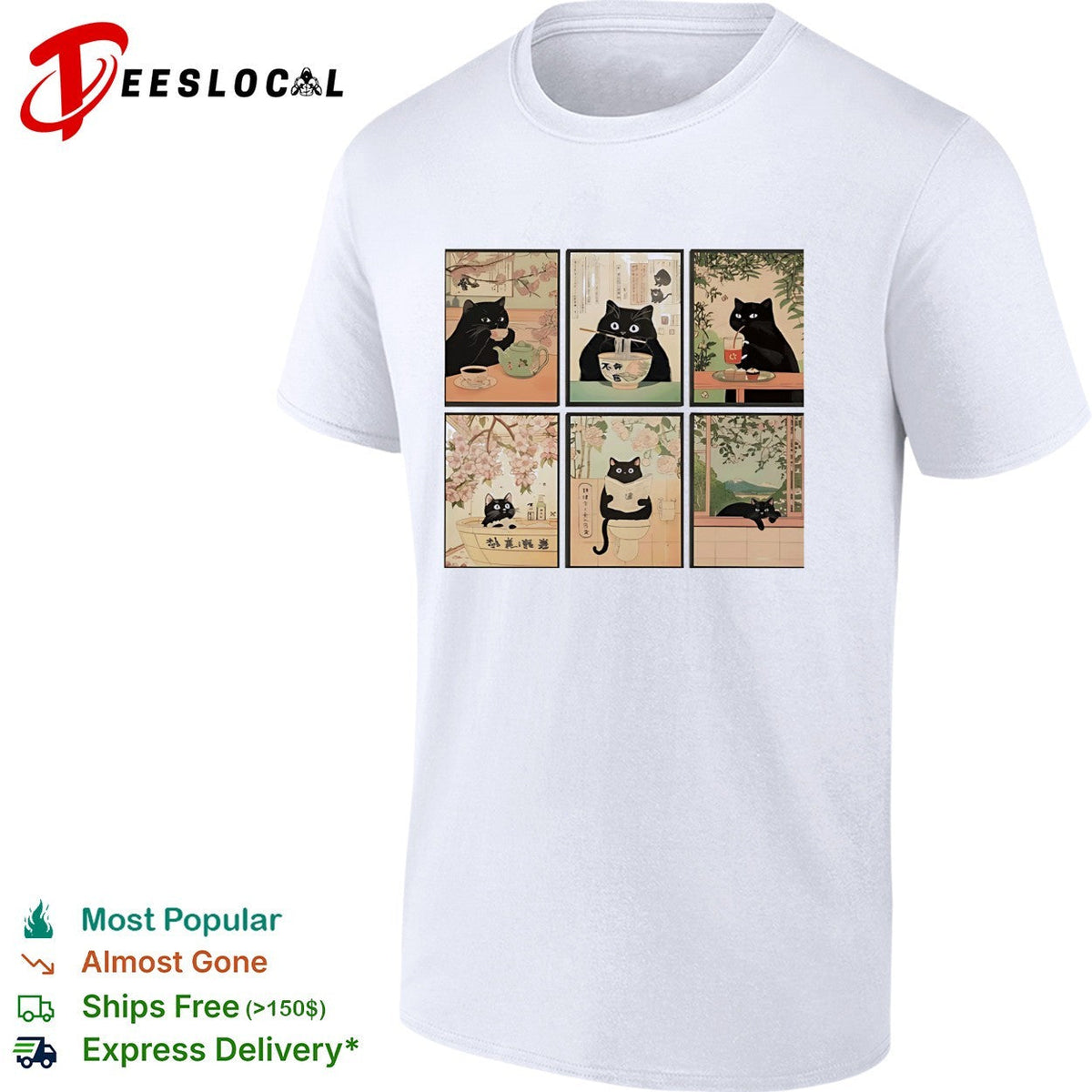 Black cats Japanese ukiyo-e art style six panel collage shirt Unisex
