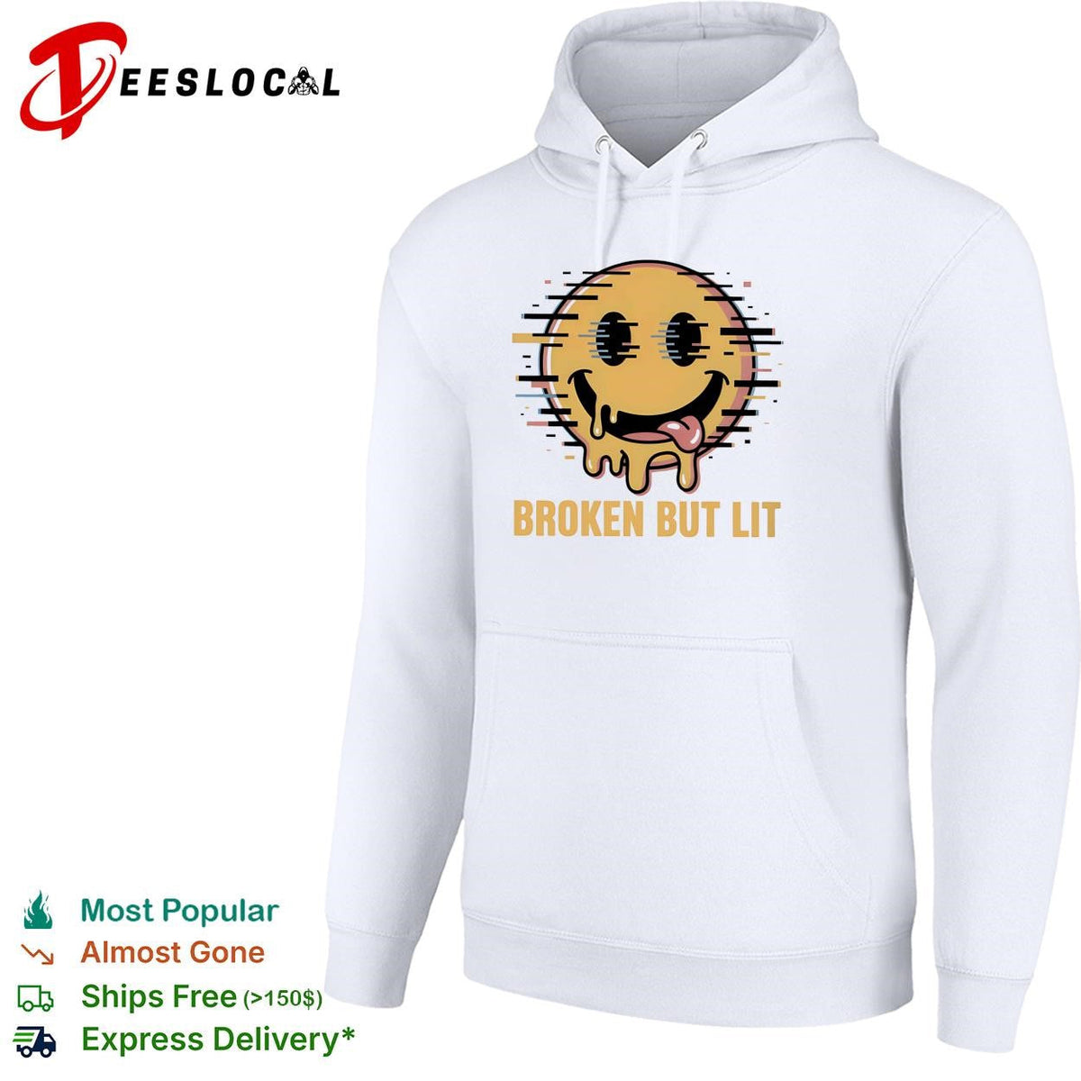 Broken but lit glitching melting smiley face bold text humor shirt Unisex