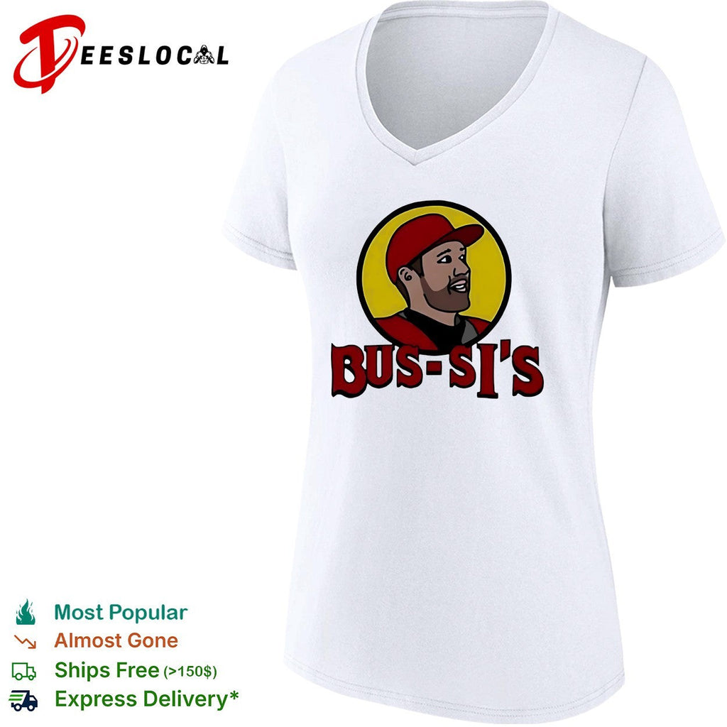 Bus-Si’s baseball player cartoon food chain parody logo white shirt Unisex