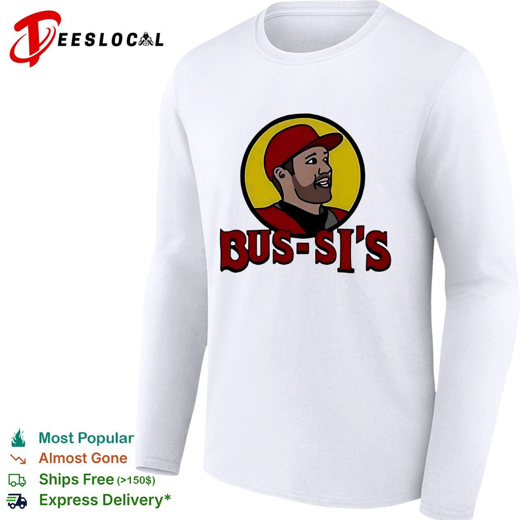 Bus-Si’s baseball player cartoon food chain parody logo white shirt Unisex