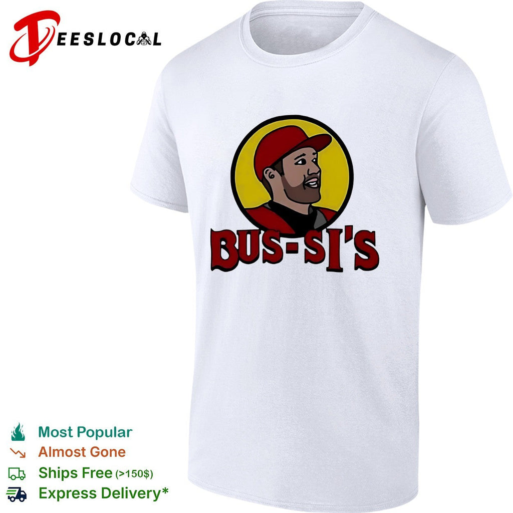 Bus-Si’s baseball player cartoon food chain parody logo white shirt Unisex