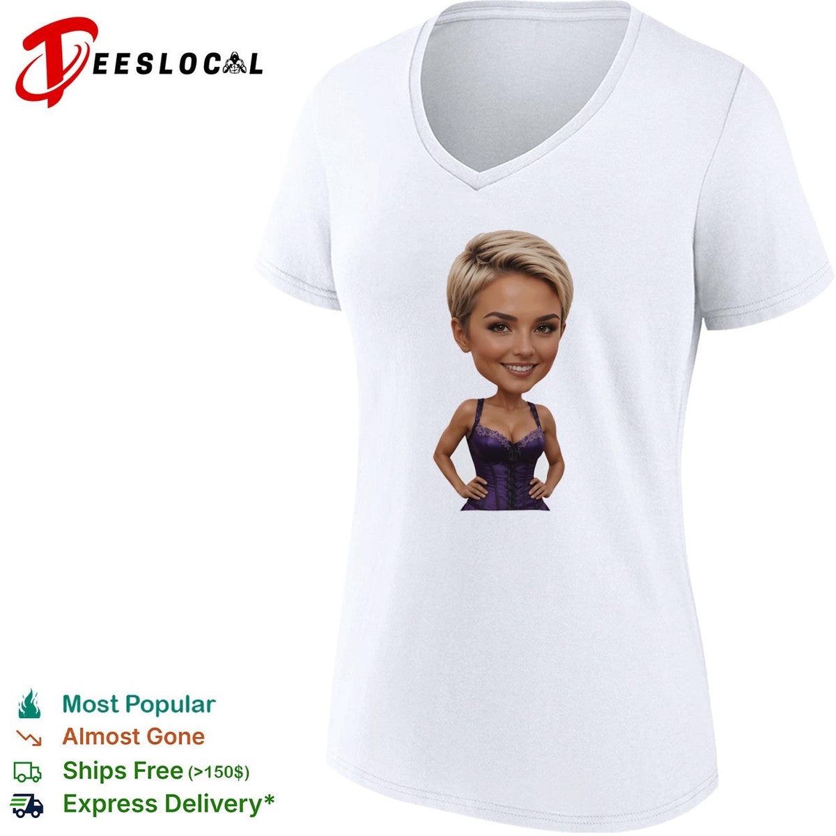 Caricature Blonde Short Hair Purple Corset Body Shape Bobblehead shirt Unisex