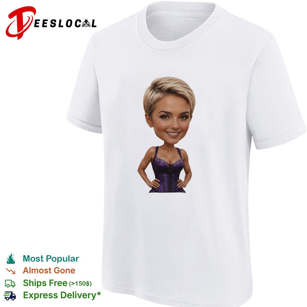 Caricature Blonde Short Hair Purple Corset Body Shape Bobblehead shirt Unisex