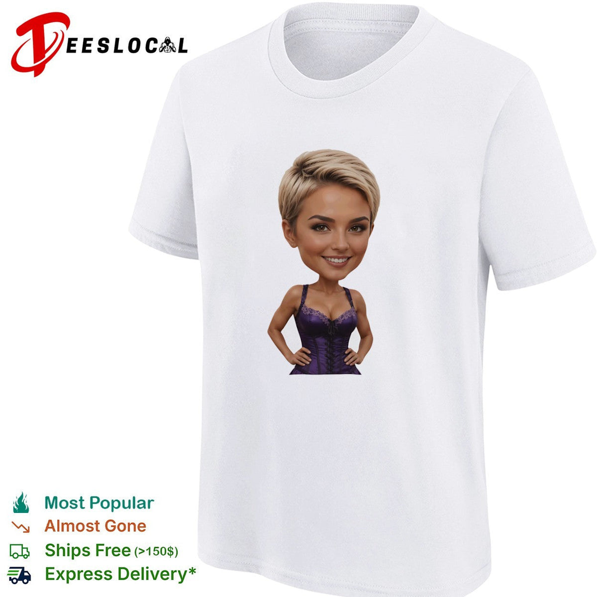 Caricature Blonde Short Hair Purple Corset Body Shape Bobblehead shirt Unisex
