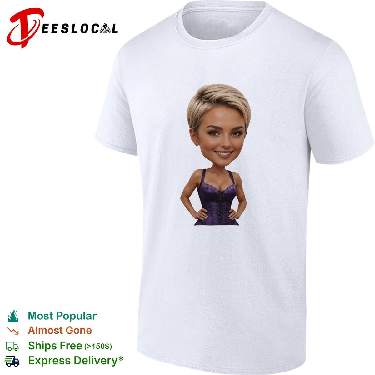 Caricature Blonde Short Hair Purple Corset Body Shape Bobblehead shirt Unisex