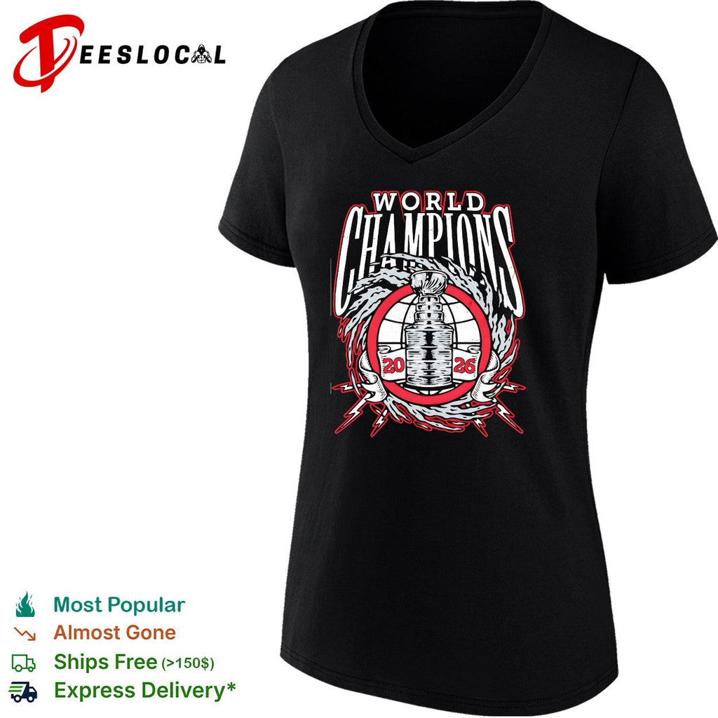 Carolina Hurricanes 2026 World Champions trophy lightning wreath bold logo art shirt Unisex