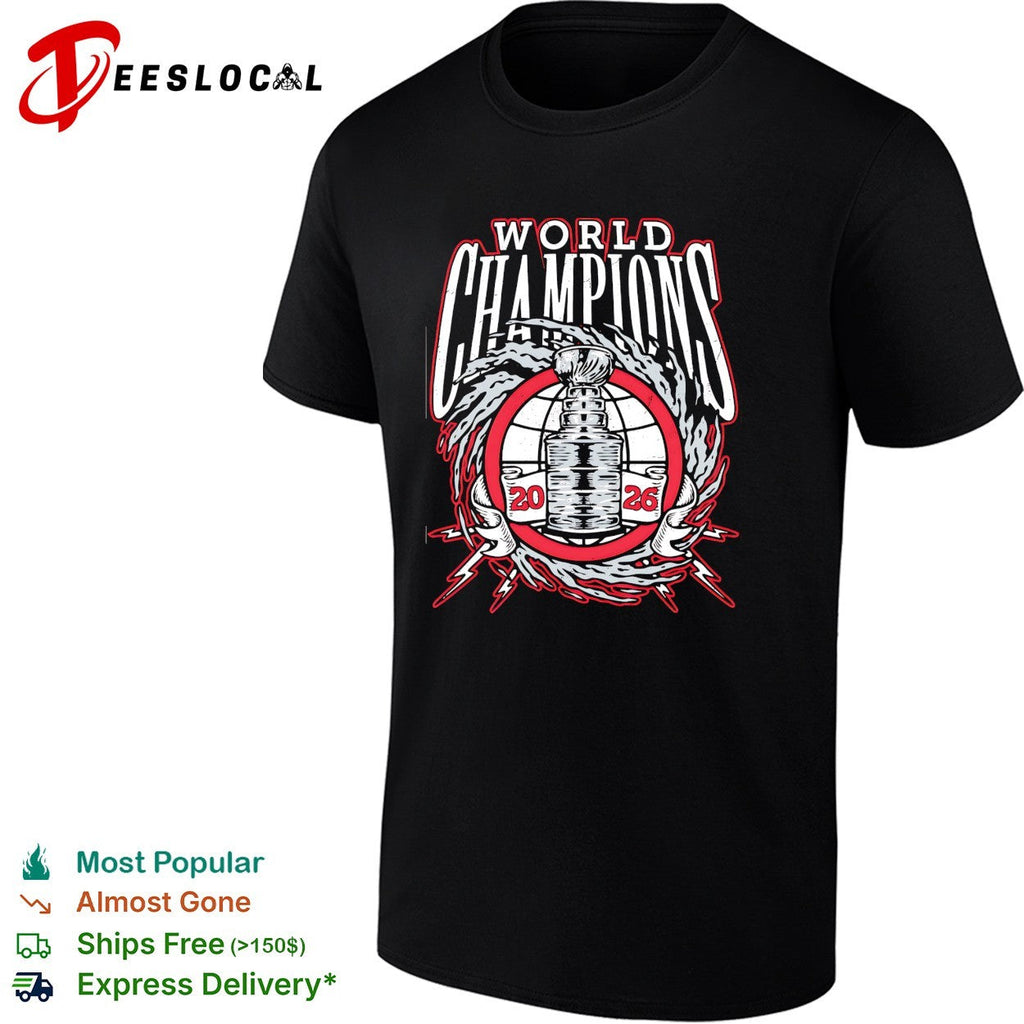 Carolina Hurricanes 2026 World Champions trophy lightning wreath bold logo art shirt Unisex