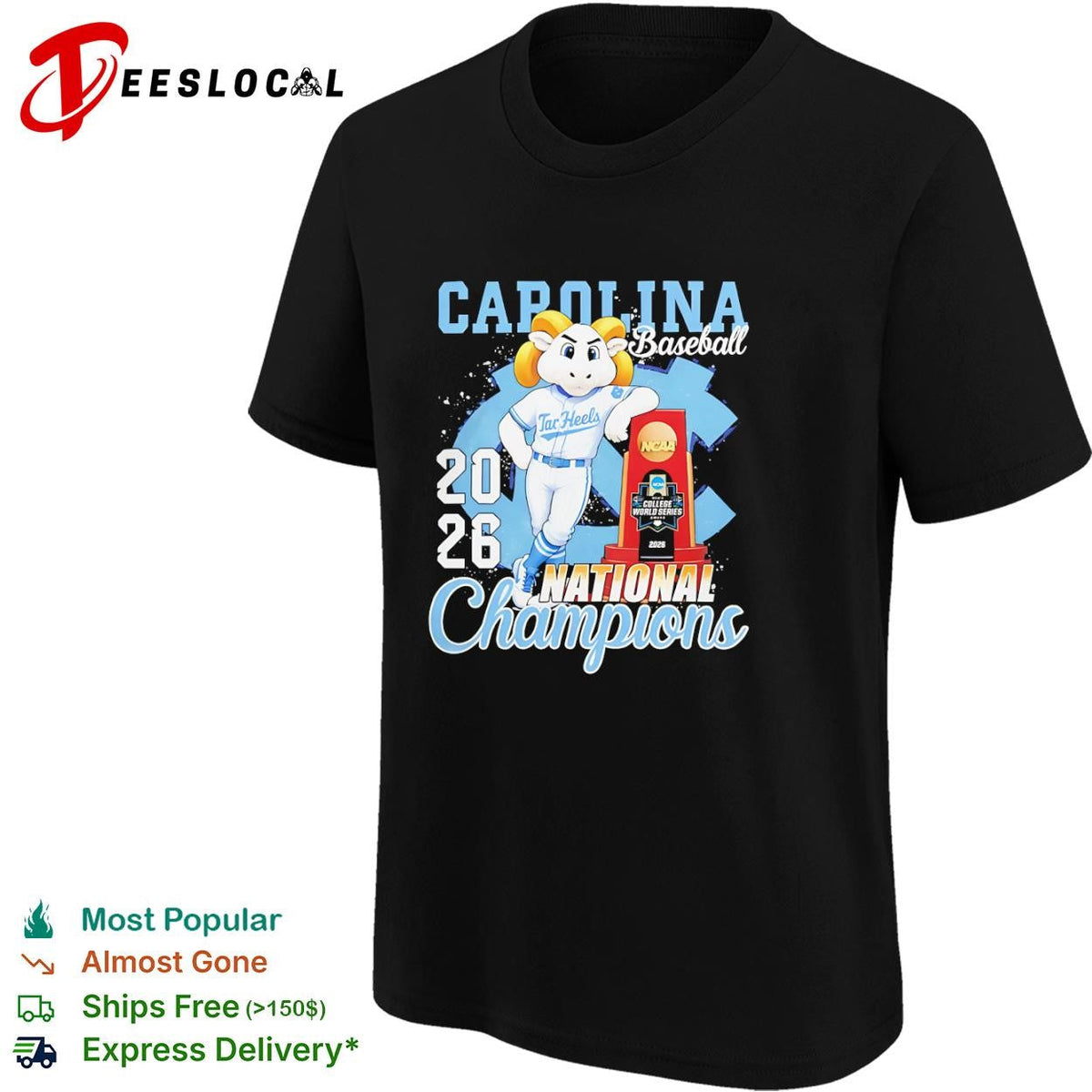 Carolina Tar Heels NCAA College World Series 2026 baseball national champions Omaha mascot trophy shirt