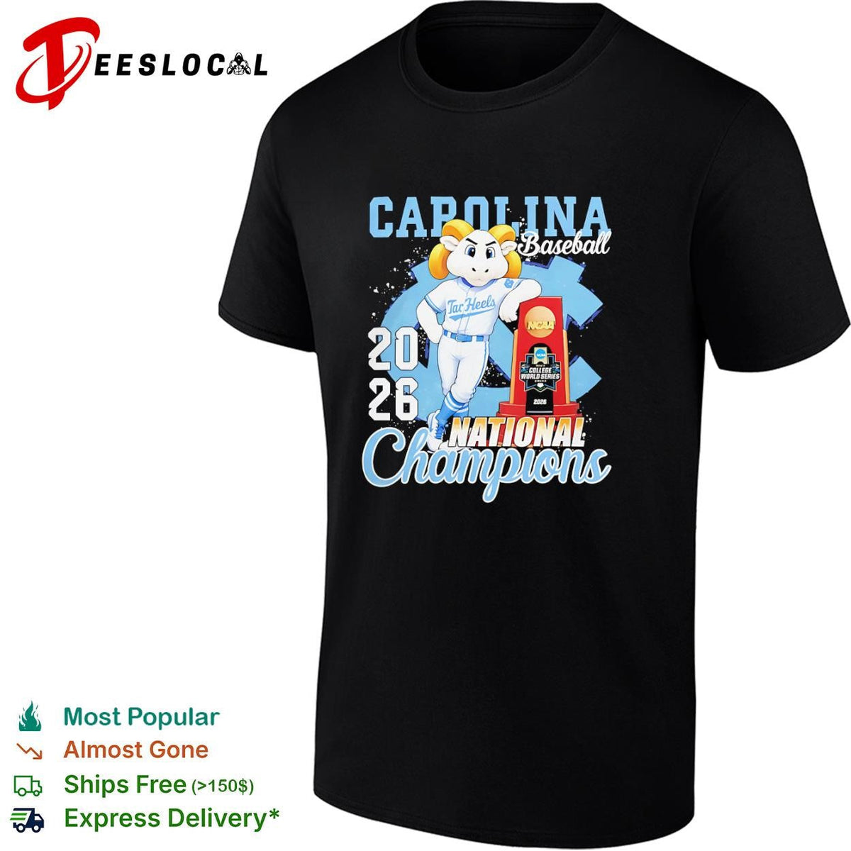 Carolina Tar Heels NCAA College World Series 2026 baseball national champions Omaha mascot trophy shirt