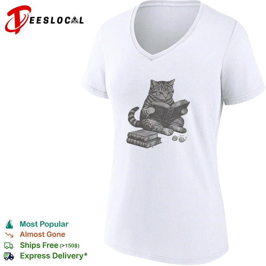 Cat reading books wearing glasses pencil sketch illustration funny graphic shirt Unisex