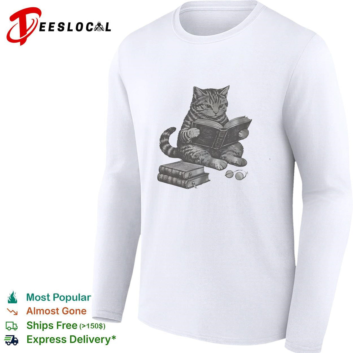 Cat reading books wearing glasses pencil sketch illustration funny graphic shirt Unisex