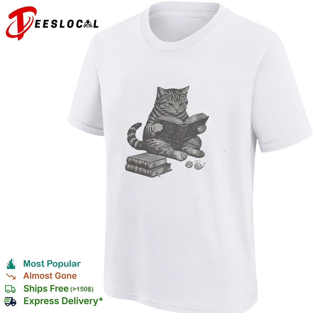 Cat reading books wearing glasses pencil sketch illustration funny graphic shirt Unisex