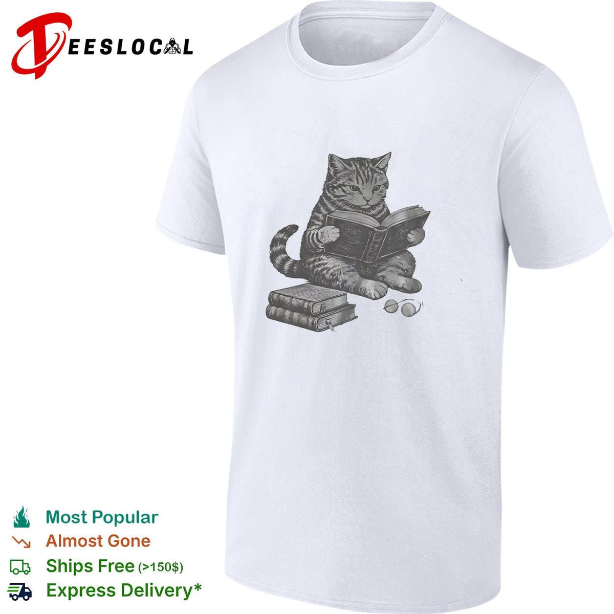 Cat reading books wearing glasses pencil sketch illustration funny graphic shirt Unisex