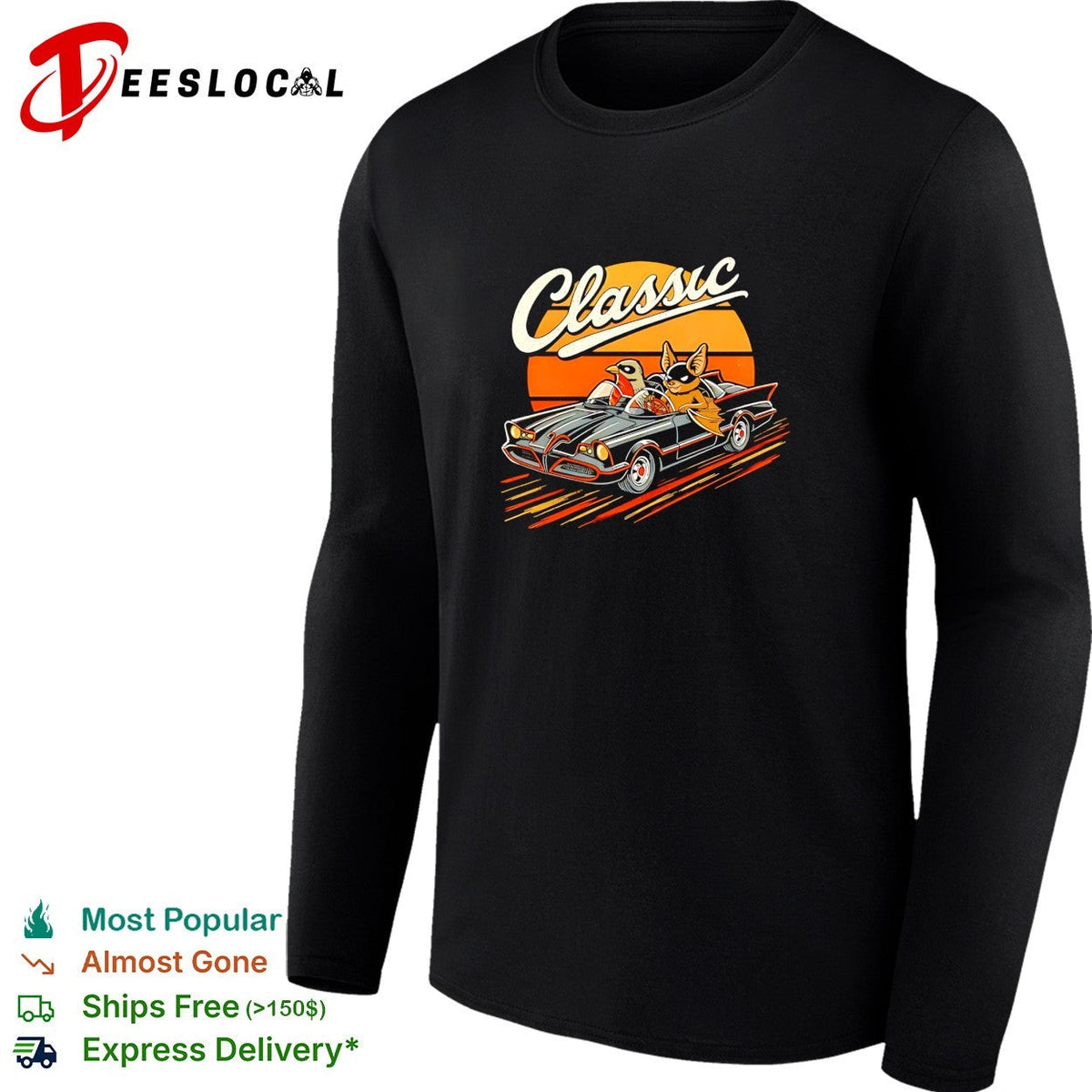 Classic cat and bird riding vintage convertible retro sunset art shirt Unisex