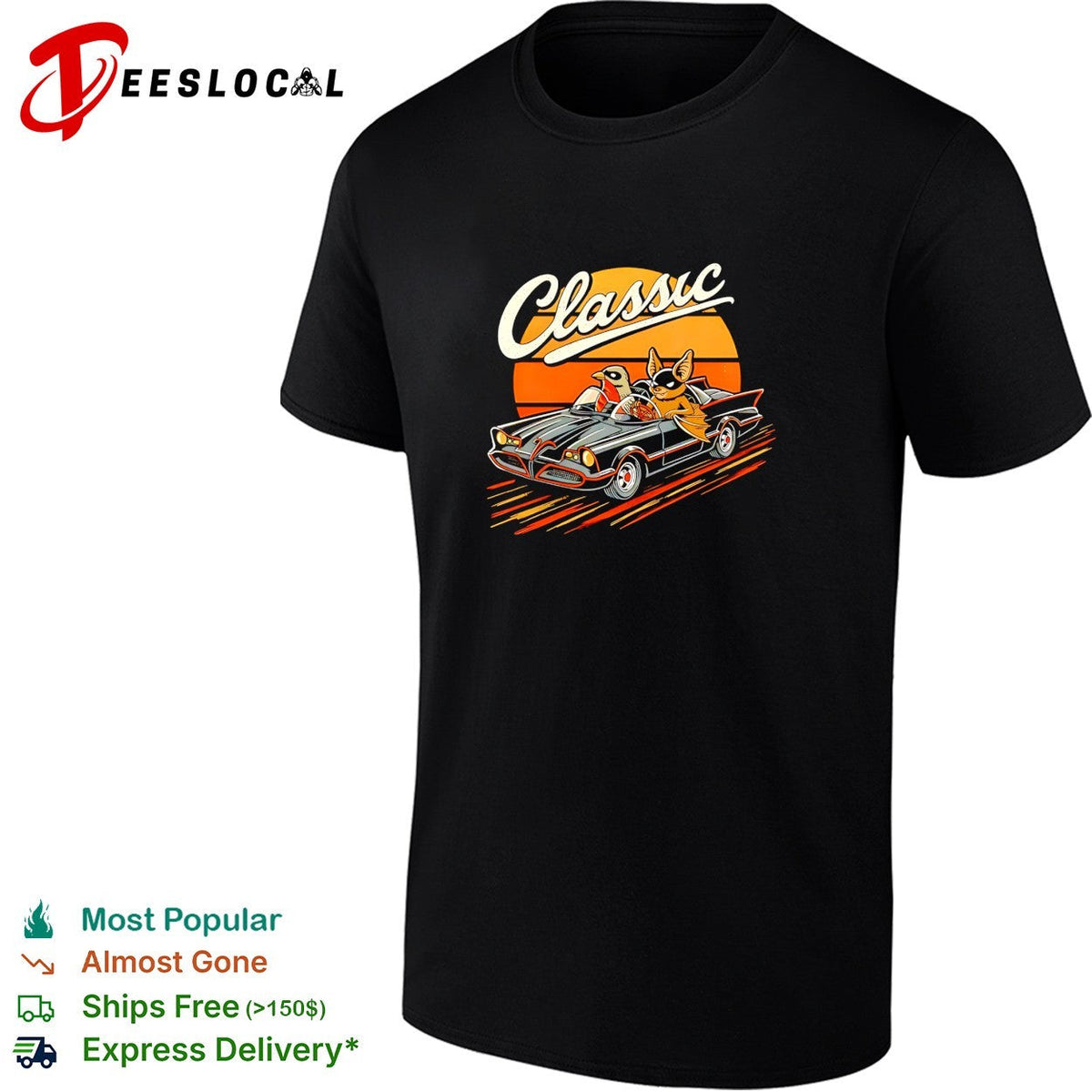 Classic cat and bird riding vintage convertible retro sunset art shirt Unisex