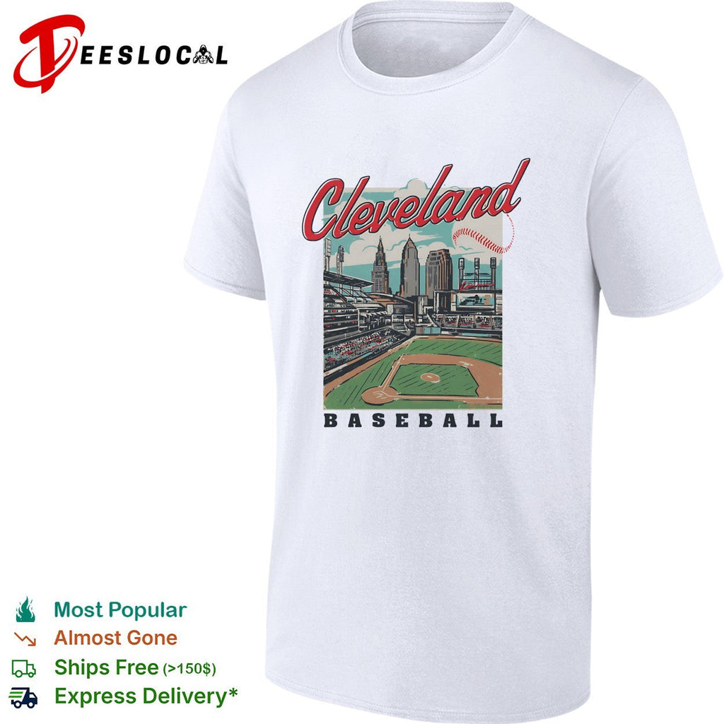 Cleveland baseball stadium skyline retro travel poster art shirt Unisex