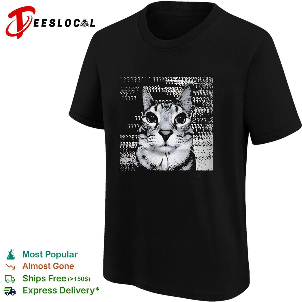 Confused tabby cat surrounded by question marks meme shirt Unisex