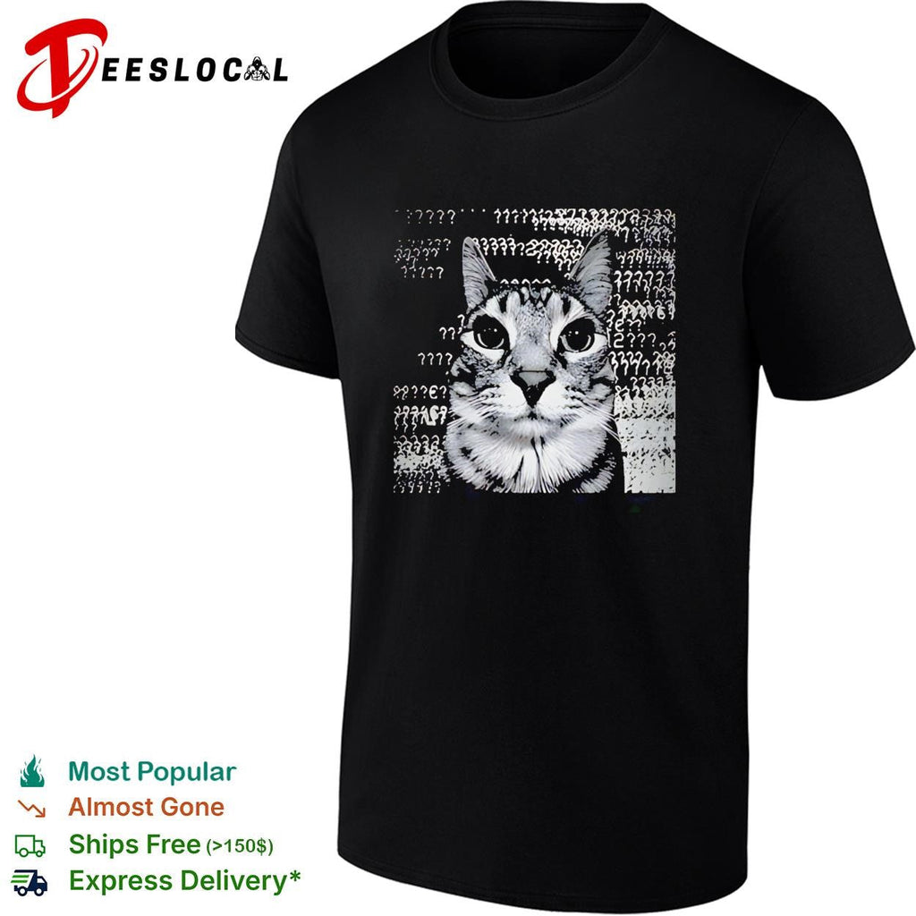 Confused tabby cat surrounded by question marks meme shirt Unisex