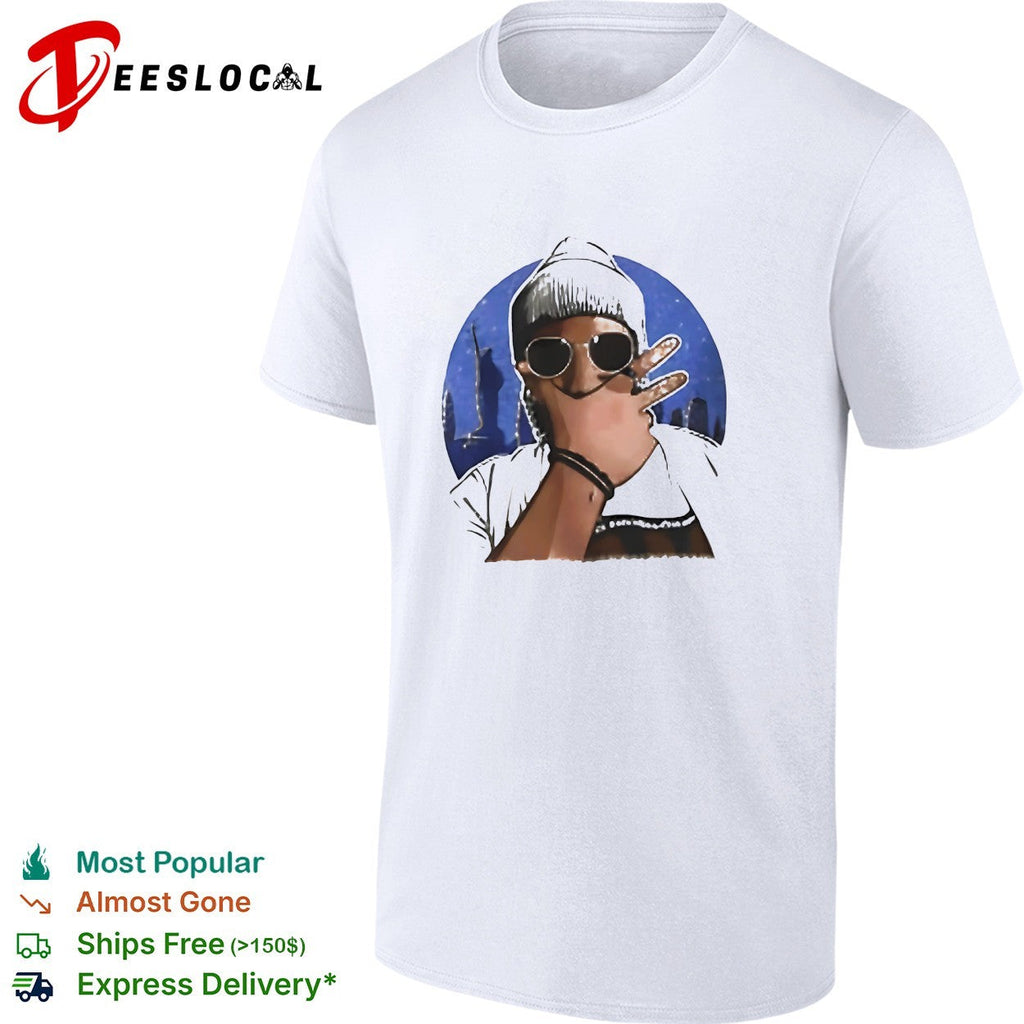 Cool hip-hop figure sunglasses beanie NYC city skyline circle illustration art shirt Unisex