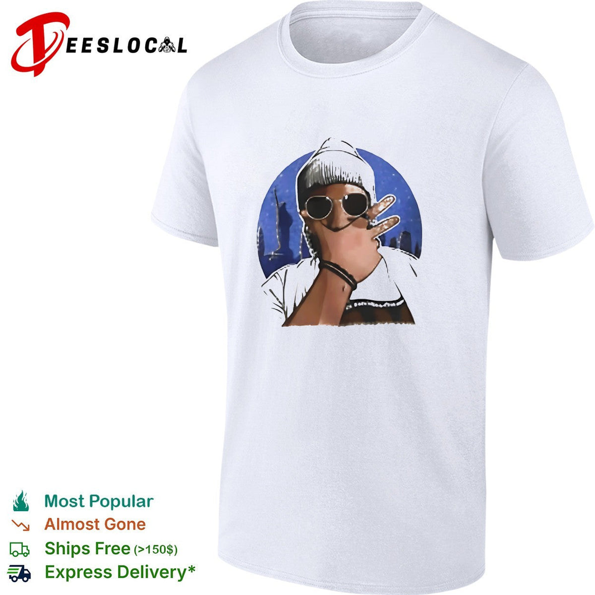 Cool hip-hop figure sunglasses beanie NYC city skyline circle illustration art shirt Unisex