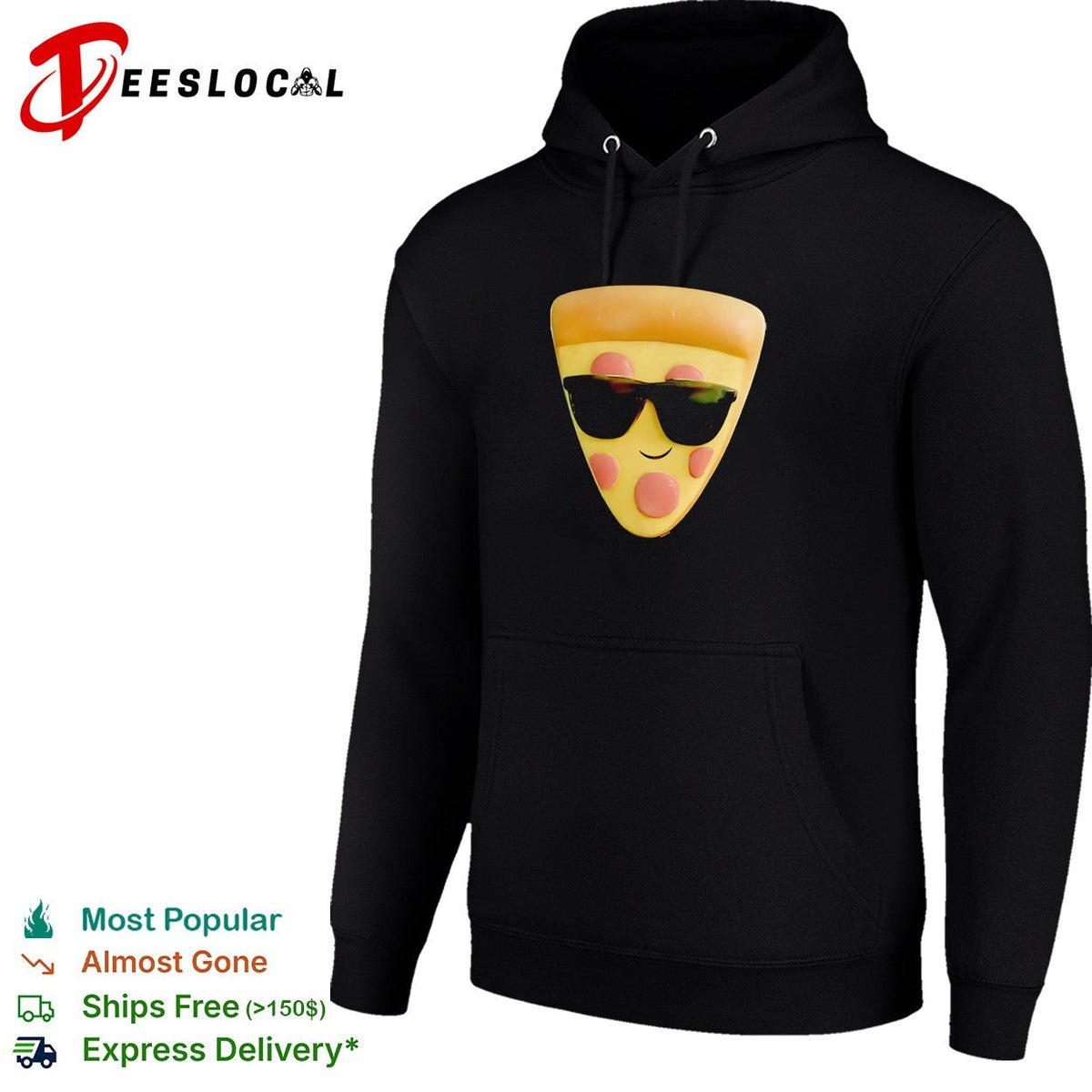 Cool kawaii pizza slice wearing sunglasses smiling cute food character shirt Unisex